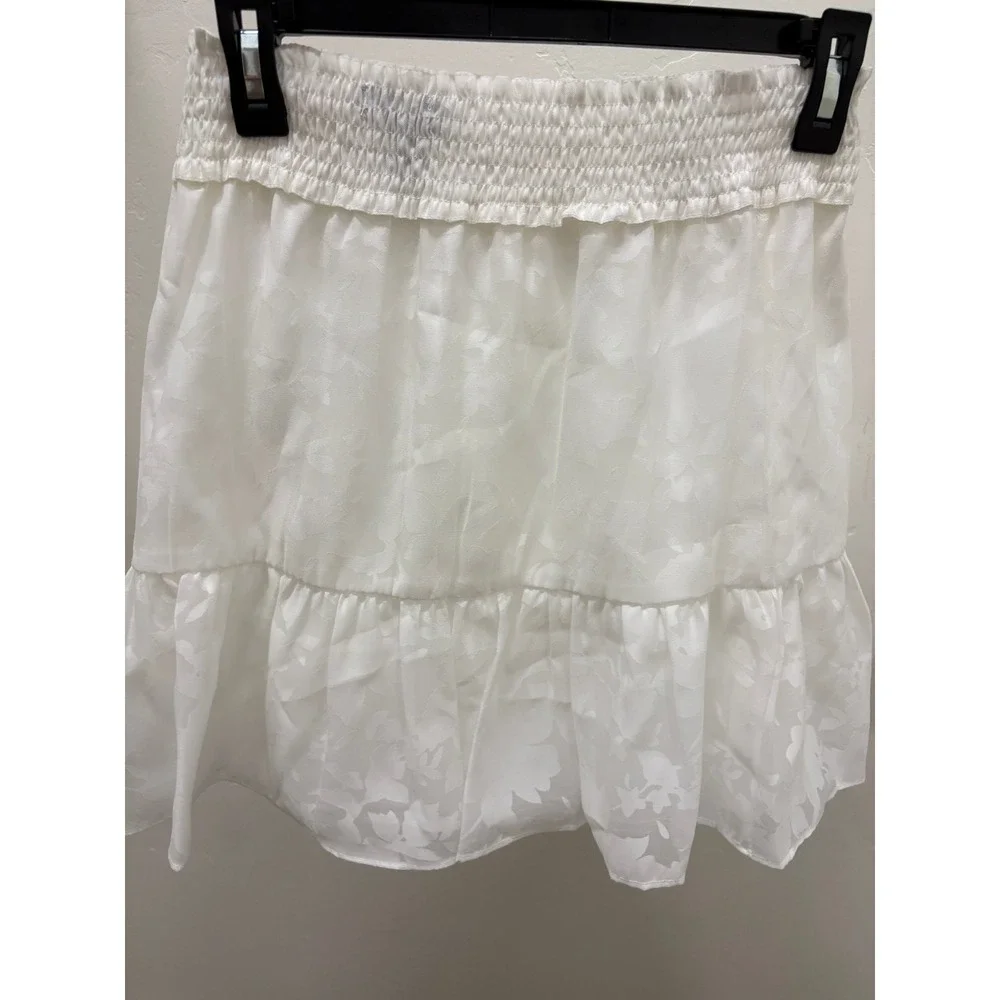 Aqua‎ White Floral Jacquard Smocked Mini Skirt Tiered Ruffle Hem Small